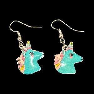 Colorful Unicorn Dangle Earrings Enamel Blue Pink Whimsical Fun